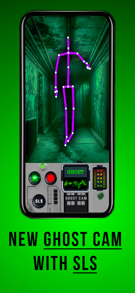 Ghost Finder Tools app GhostCam SLS feature detecting a purple humanoid stick figure in a haunted hallway