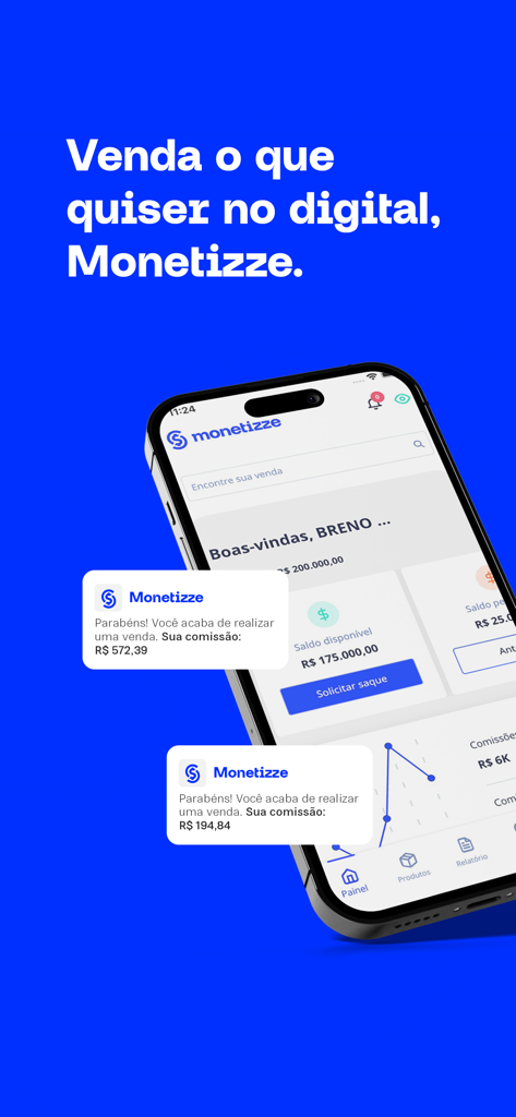 Monetizze mobile app interface showing real-time sales notifications and commission balance dashboard