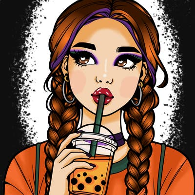 realistic girl with braided hair drinking boba