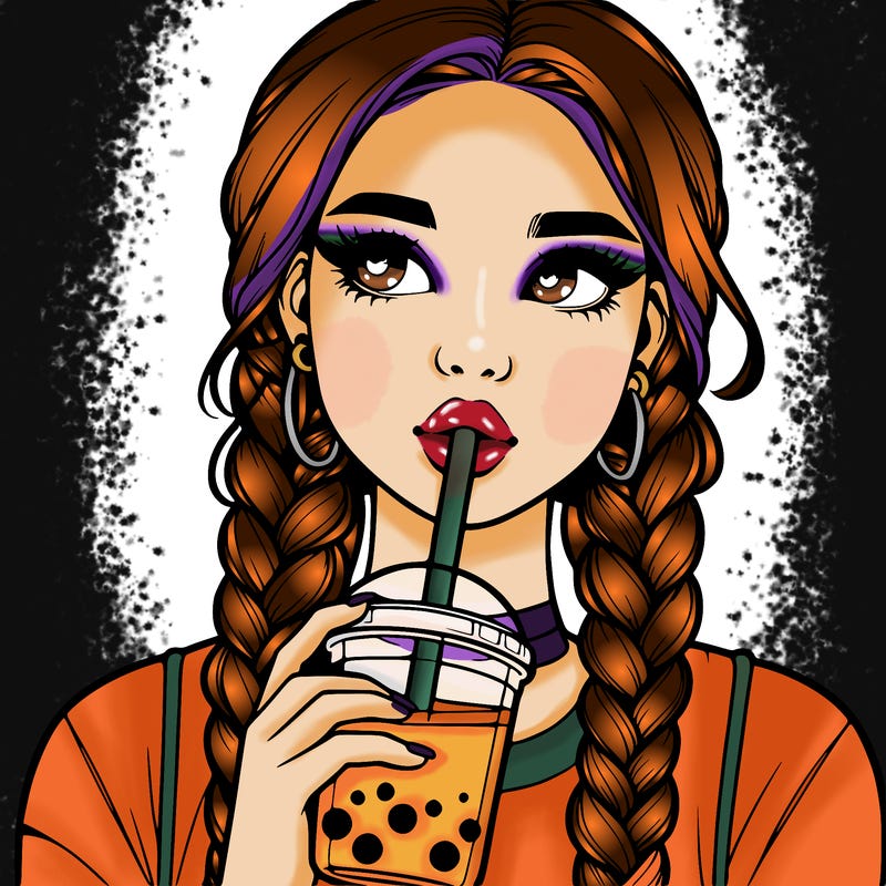 realistic girl with braided hair drinking boba