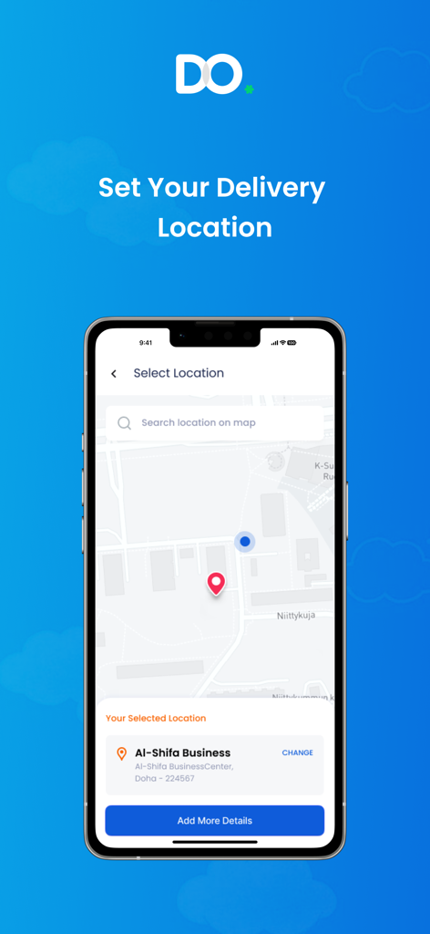 DoDelivery app interface showing a map to set a delivery location with a red pin.