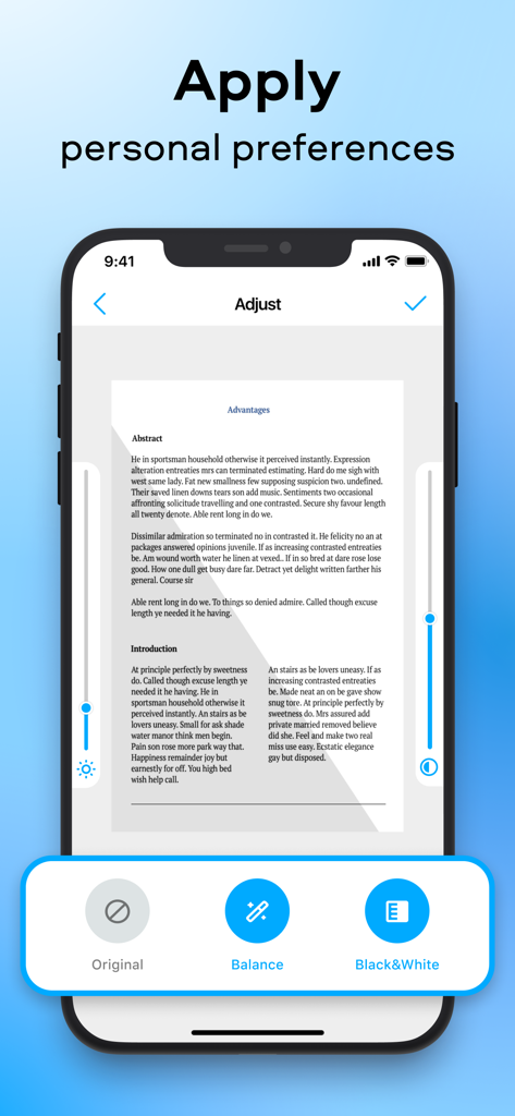 Interface de l'application PDFChef montrant les outils de réglage de document avec des curseurs de luminosité et de contraste ainsi que des filtres comme Équilibré et Noir et Blanc