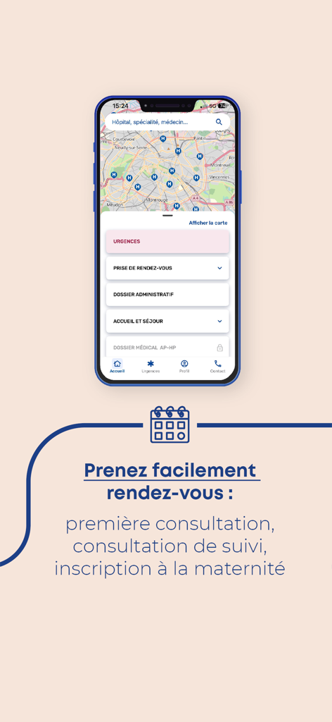 Mon AP-HP app interface showing a hospital map of Paris and appointment booking options
