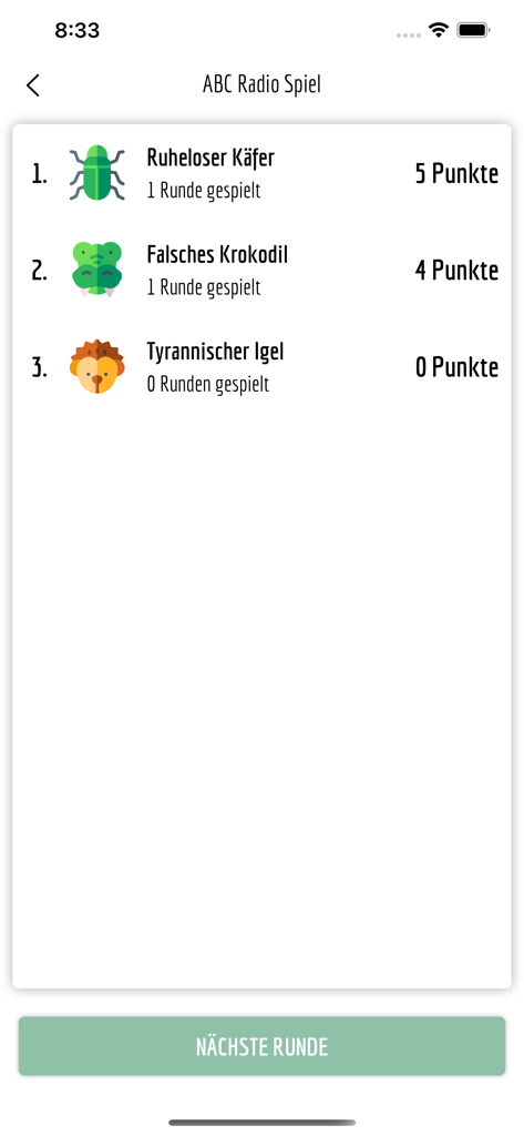 ABC Radio Spiel (Schweizer Ed) - ABCラジオシュピールアプリのプレイヤーのスコアと動物のアバターを表示するリーダーボード画面。