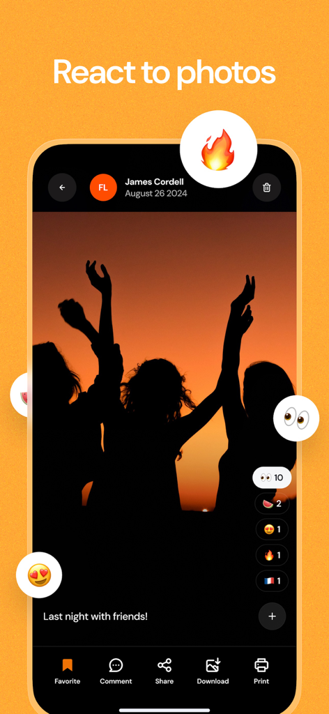 Airbum app screen showing a shared photo of friends at sunset with various emoji reactions and interaction options