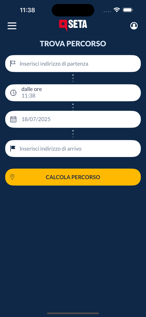 SETA - Interfaccia dell'app mobile SETA per il calcolo di un percorso di trasporto pubblico in Italia