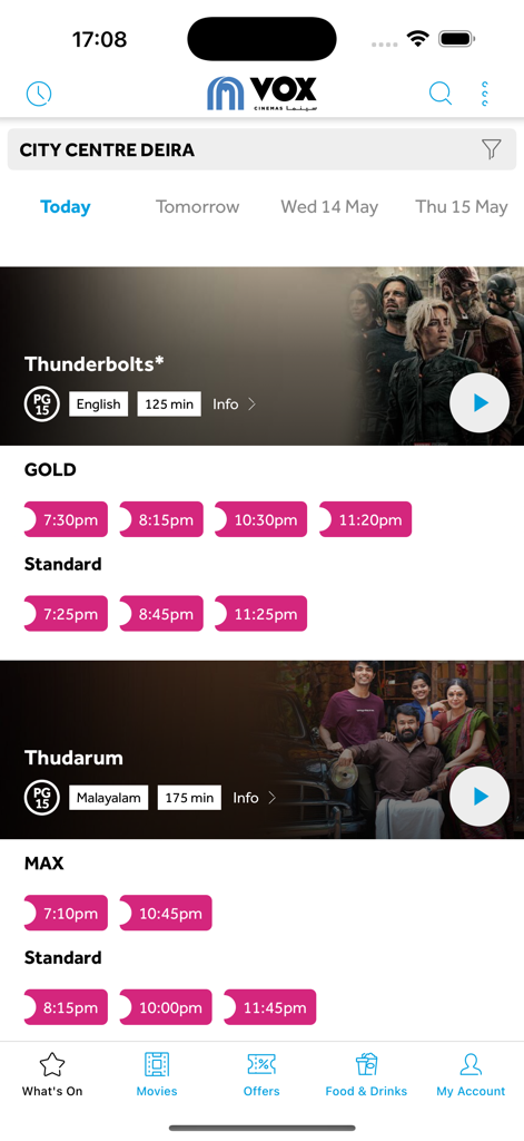VOX Cinemas app interface showing movie showtimes for Thunderbolts and Thudarum at City Centre Deira with Gold and MAX booking options