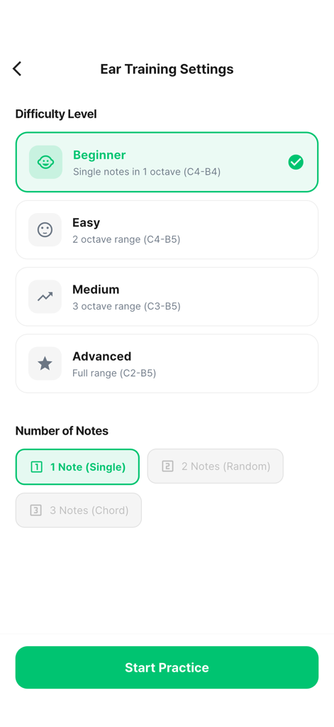 Read Notes Game - Gehörbildungs-Einstellungsbildschirm mit Schwierigkeitsgraden von Anfänger bis Fortgeschrittener und Optionen für die Notenanzahl