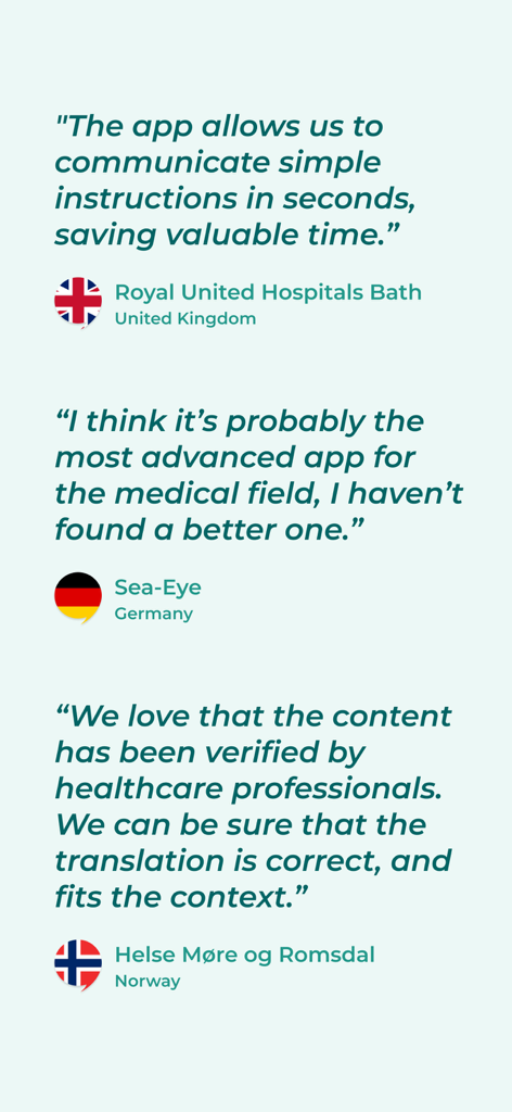 Testimonials from international healthcare organizations praising the Care to Translate medical translation app.