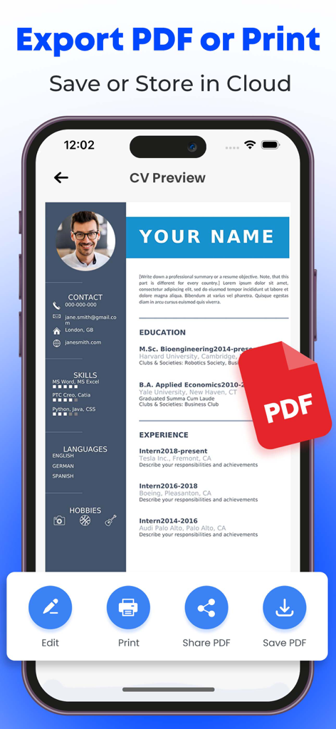 A mobile interface showing a professional CV preview with options to edit print share and save as a PDF