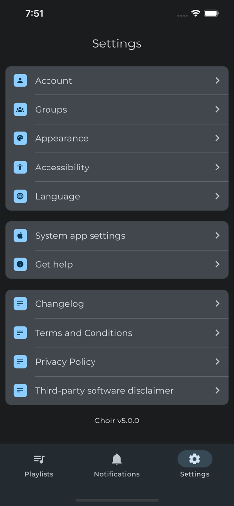 Settings menu of the Choir practice app showing options for account groups and appearance