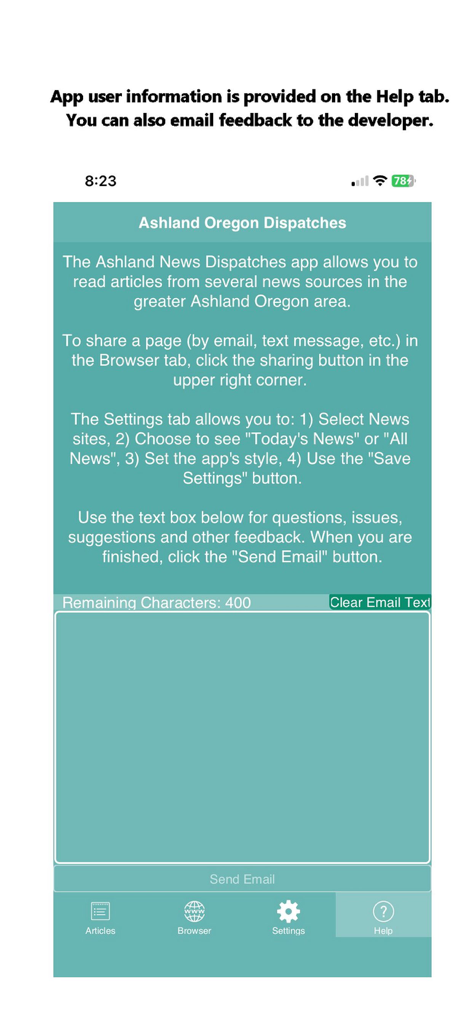 The help tab of the Ashland Oregon News Dispatches app featuring user instructions and a feedback email form.