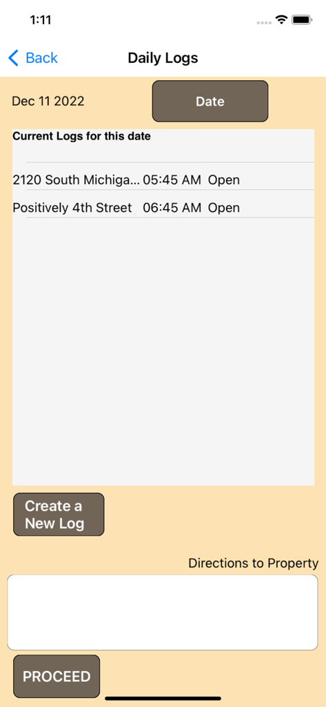 mpengo Snow - Mpengo Snow app interface showing daily logs for snow removal services including property addresses and visit times.