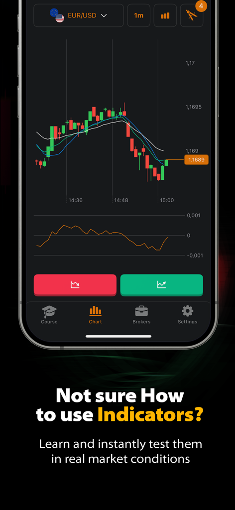 Forex Trading Guide - 기술 지표 및 매수/매도 버튼이 있는 EUR USD 캔들스틱 차트를 보여주는 외환 거래 앱 화면