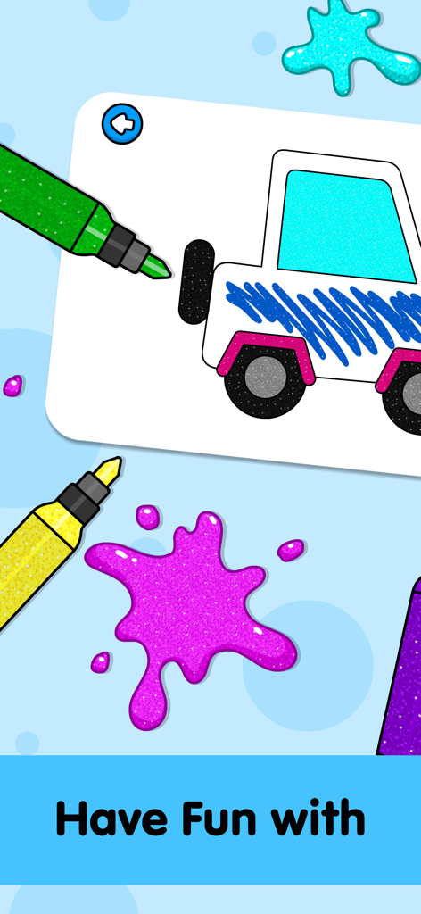 Coloring Pages for Kids & Book - Interfaccia di un libro da colorare digitale che mostra una jeep colorata con pennarelli glitterati