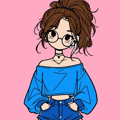 girl with a messy ponytail glasses a baggy crop top and jean shorts