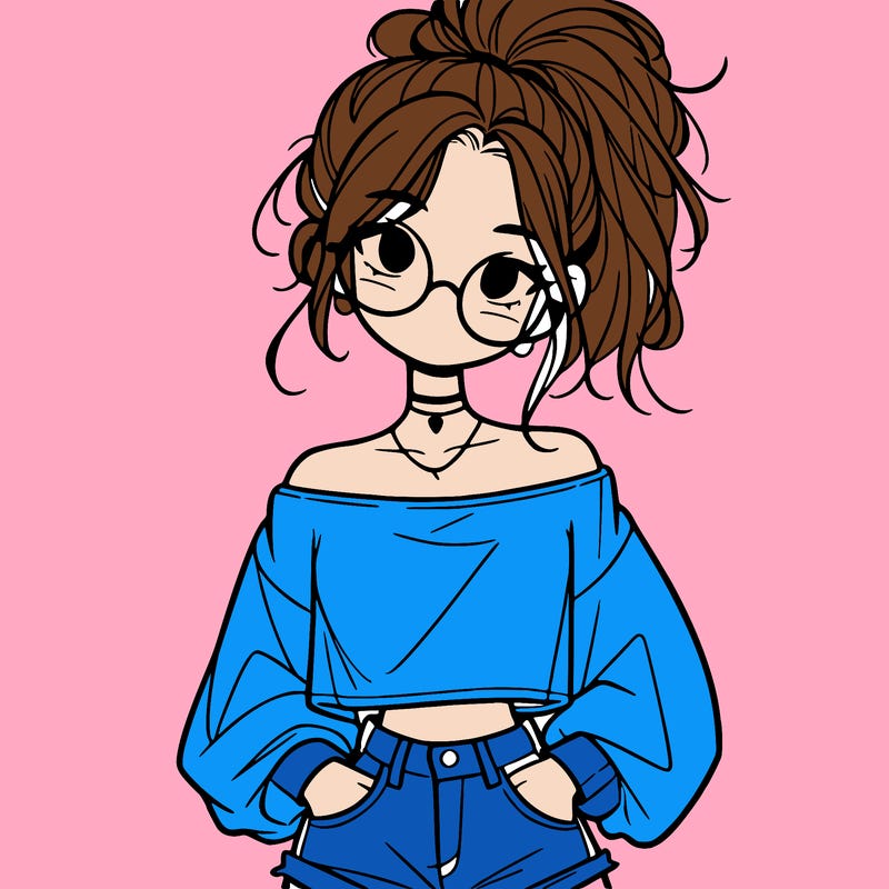 girl with a messy ponytail glasses a baggy crop top and jean shorts