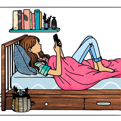 a girl laying on her bed with her phone