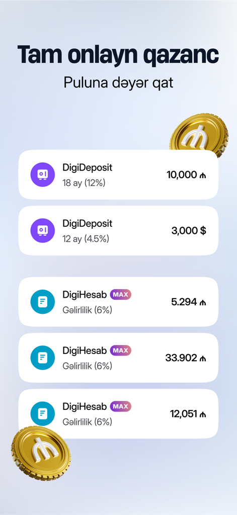 ABB mobile: Təhlükəsiz Bank - DigiDeposit 및 DigiHesab을 포함한 ABB mobile 온라인 저축 계좌 및 고수익 예금 금리를 보여주는 화면