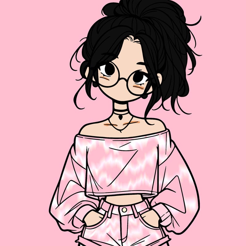 girl with a messy ponytail glasses a baggy crop top and jean shorts