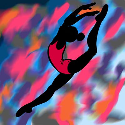 gymnast doing a leap in a leotard with a bent back leg