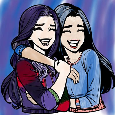 two realistic teenage girls side hugging and laughing