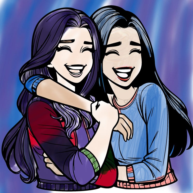 two realistic teenage girls side hugging and laughing