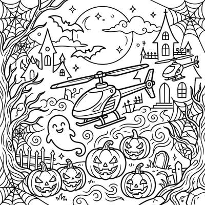 Prepare for a high-flying Halloween adventure with this unique coloring page! It features remote-controlled helicopters soaring through a festive spooky landscape filled with classic Halloween icons.