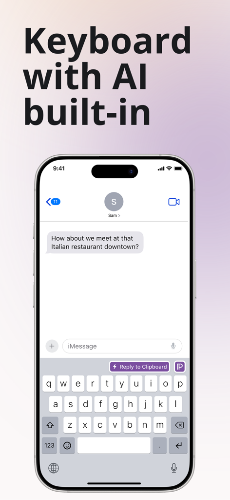 iPhone displaying the ParagraphAI keyboard with built-in artificial intelligence for messaging apps