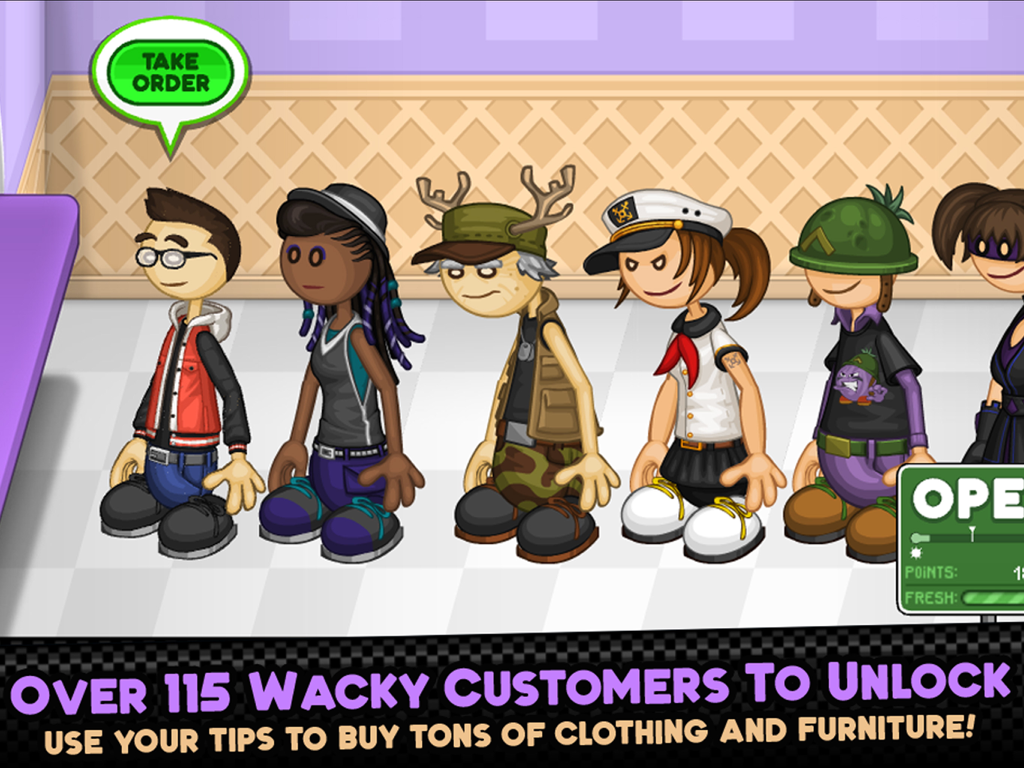 Papa's Scooperia HD - Una fila de seis clientes únicos y extravagantes esperando para pedir en Papa's Scooperia HD