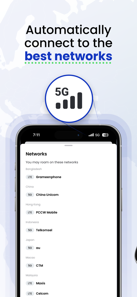 aloSIM: 5G Prepaid Travel eSIM - Interfaccia dell'app aloSIM che mostra la connessione automatica a reti 5G e LTE internazionali in più paesi