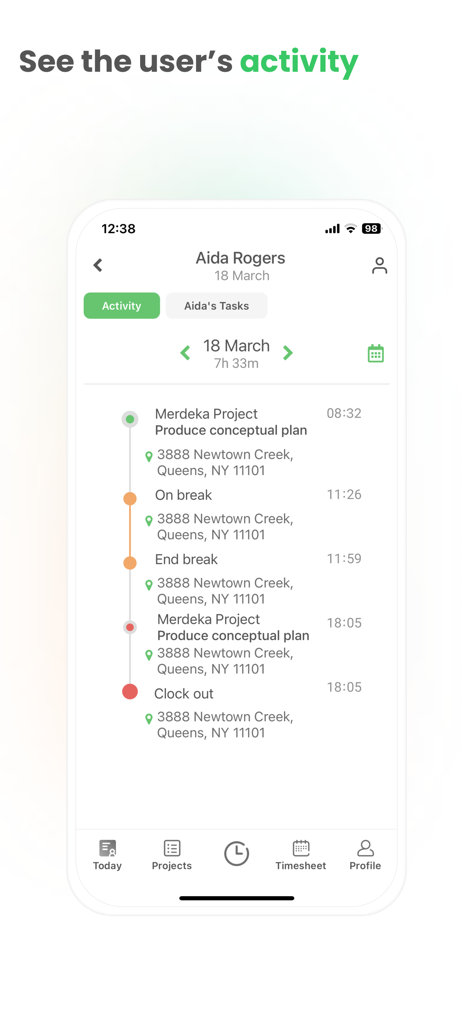 Timey – Work Management - A mobile app screenshot showing a detailed daily activity log with project tasks and location tracking for an employee