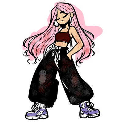 girl in baggy pants crop top and long hair