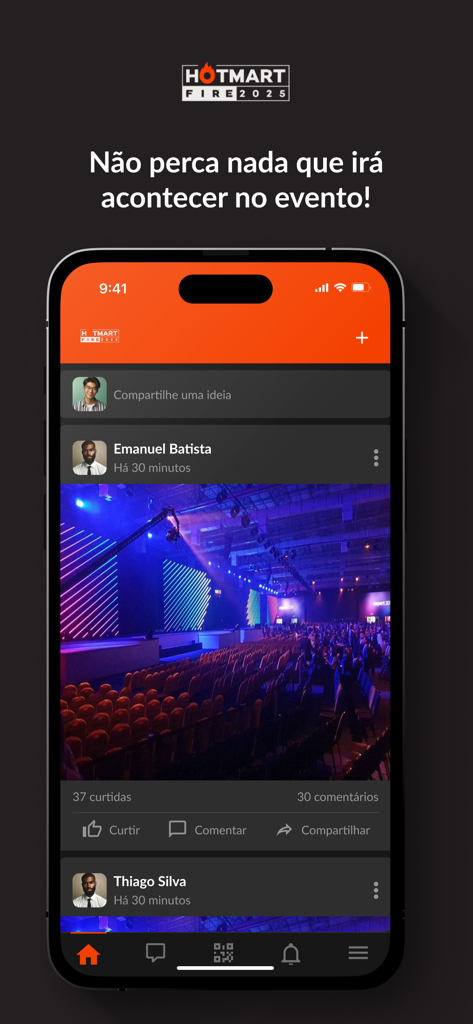 Smartphone screen showing the social feed and community interaction within the Hotmart FIRE 2025 event app.
