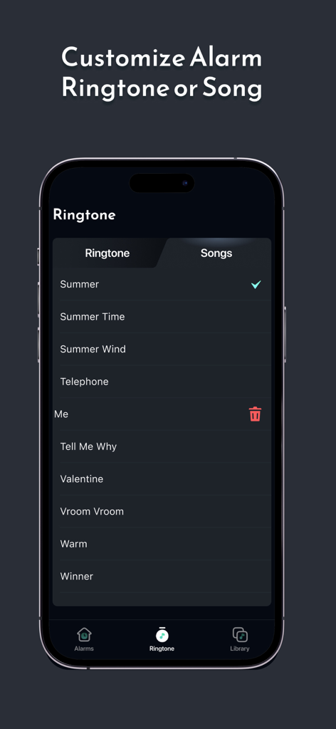 Musico Vision - Listen, Sounds - Customizing alarm ringtones and songs in the Musico Vision mobile app interface