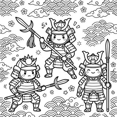 Dive into the delightful world of cute samurai with this Kawaii Yari Spearsmen coloring page. Featuring three charming warriors armed with traditional yari spears, it's perfect for a fun and relaxing coloring session.