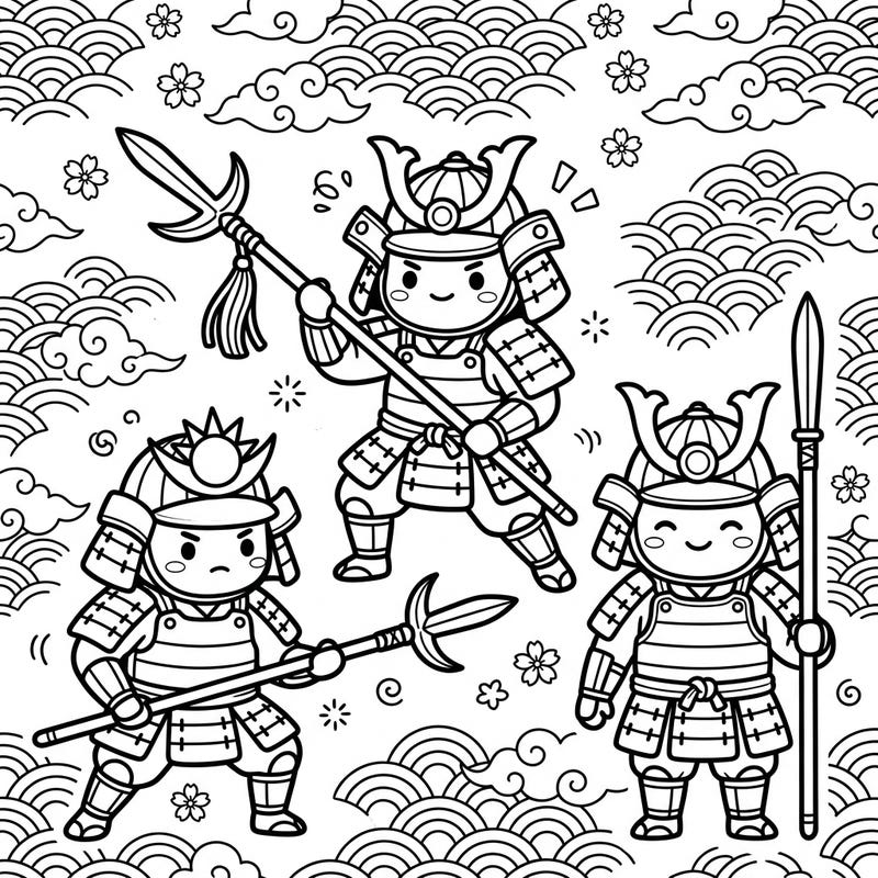 Dive into the delightful world of cute samurai with this Kawaii Yari Spearsmen coloring page. Featuring three charming warriors armed with traditional yari spears, it's perfect for a fun and relaxing coloring session.