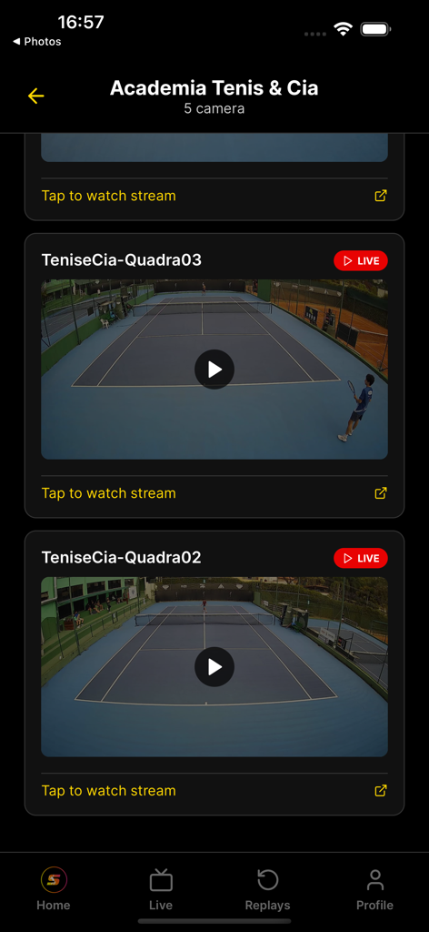 Smash Live - Smash Live mobile app interface showing a list of live video streams from different tennis courts at a sports academy