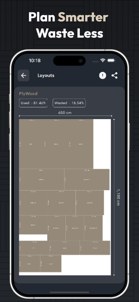 A smartphone showing an optimized cutting layout for plywood with material usage and waste statistics.