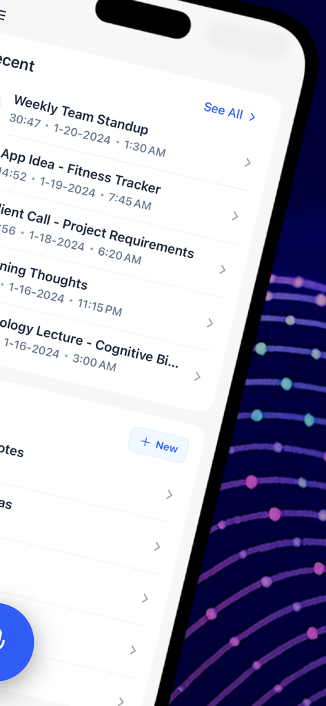 Gist: Transcribe Audio to Text - A smartphone display showing the Gist app dashboard with a list of recent audio recordings including meetings and lectures