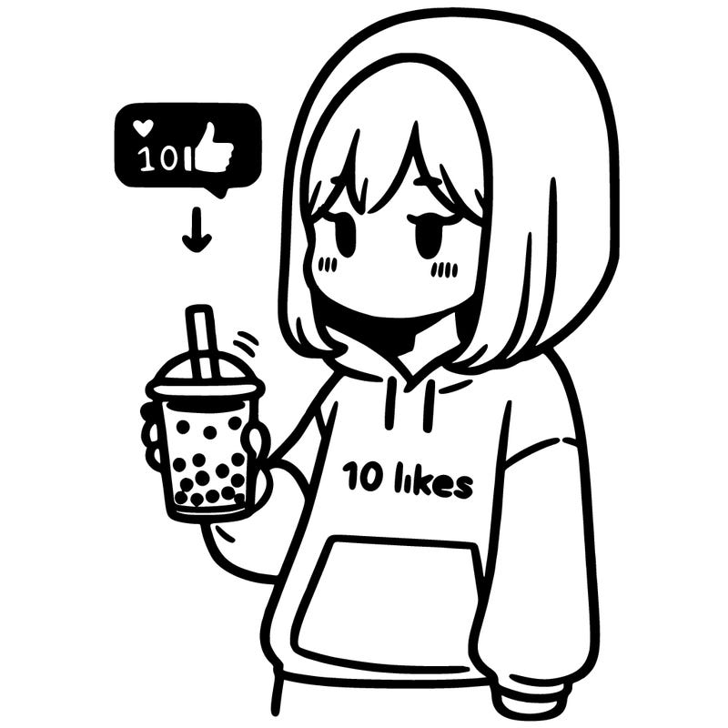girl with boba has a hoddie and some that says 10 likes