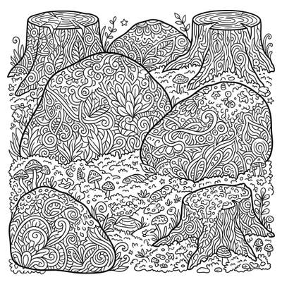 Immerse yourself in a world of intricate patterns with this Zentangle Mossy Surfaces coloring page. Discover the calming joy of transforming detailed rocks and tree stumps into your own vibrant forest scene.