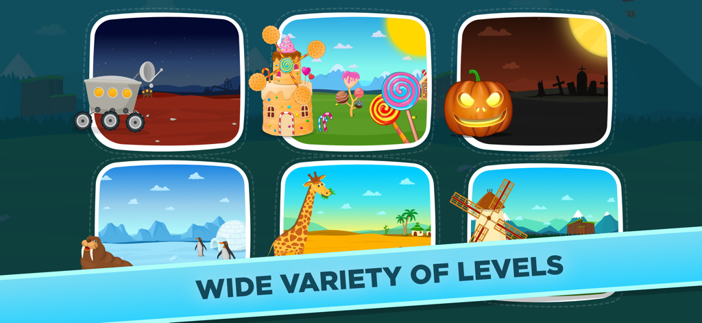 A variety of colorful themed game levels including Space, Candy Land, Halloween, Arctic, Desert with a giraffe, and a windmill farm.