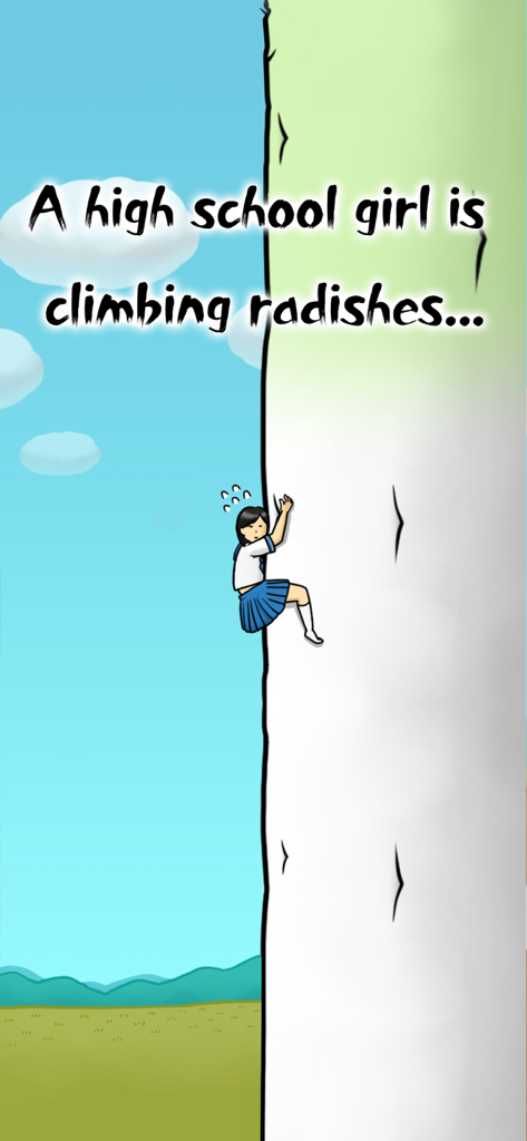 RadishGirl - Uma garota do ensino médio uniformizada subindo a lateral de um rabanete maciço contra um céu azul com nuvens.