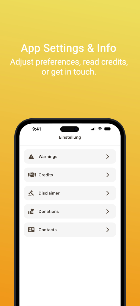 Menu de configurações e informações do aplicativo Spreadthesign Beginners