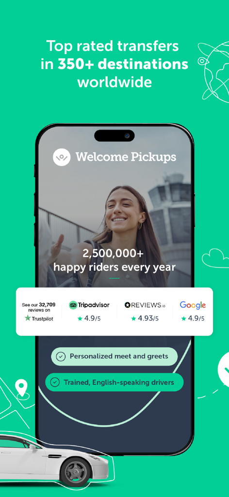 Pantalla de la aplicación Welcome Pickups que muestra altas calificaciones de viajeros y servicios de traslado al aeropuerto personalizados.