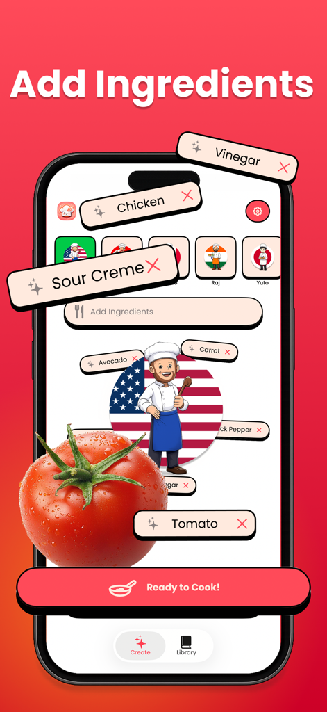 AI Recipes: Cook Ingredients - AI 레시피 앱 인터페이스에서 닭고기와 토마토 같은 재료를 추가하여 식사를 생성하는 방법 표시