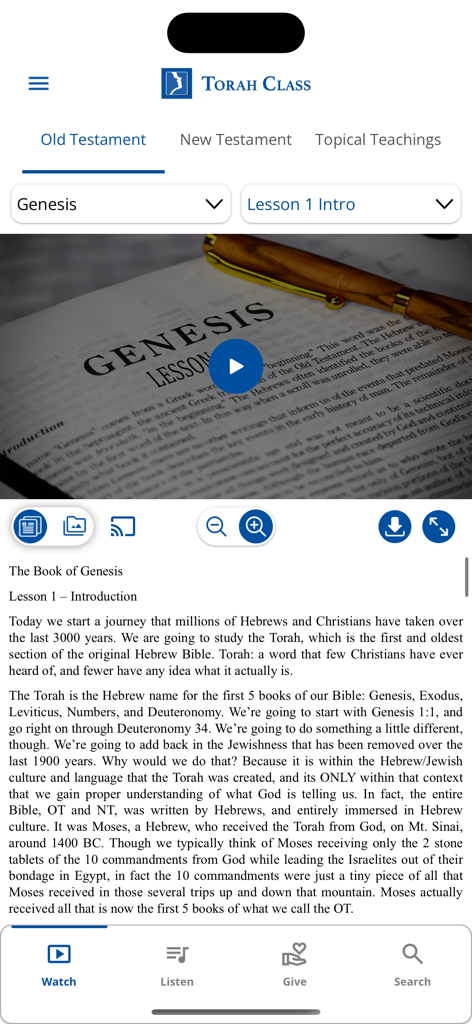 Torah Class - Interface of the Torah Class app showing an introductory video and transcript for a lesson on Genesis
