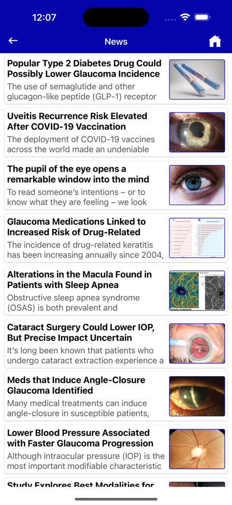 Eye Handbook - Eye Handbook app news section displaying a list of clinical research articles and medical updates for ophthalmology professionals.
