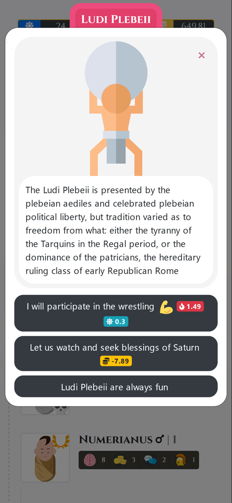 Una captura de pantalla que muestra un evento del festival histórico Ludi Plebeii con opciones de elección en el juego móvil Ciudadano de Roma